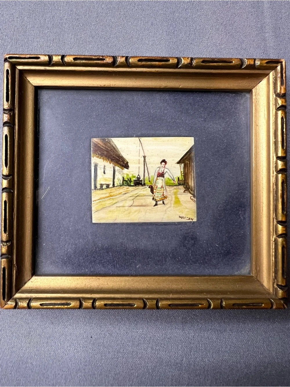 Miniature Hand Painted Asian Art Framed Set of 2 Signed 3x4 Vintage